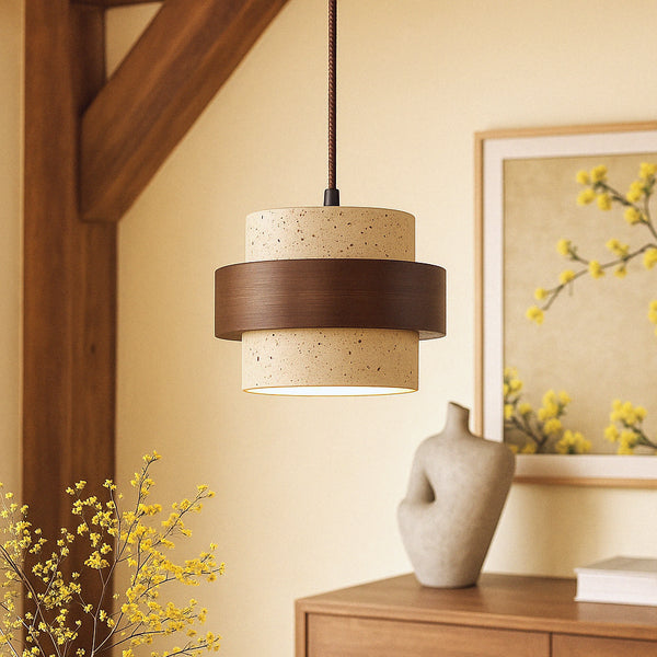 Calvren Rustic Cylindrical Travertine Pendant Light